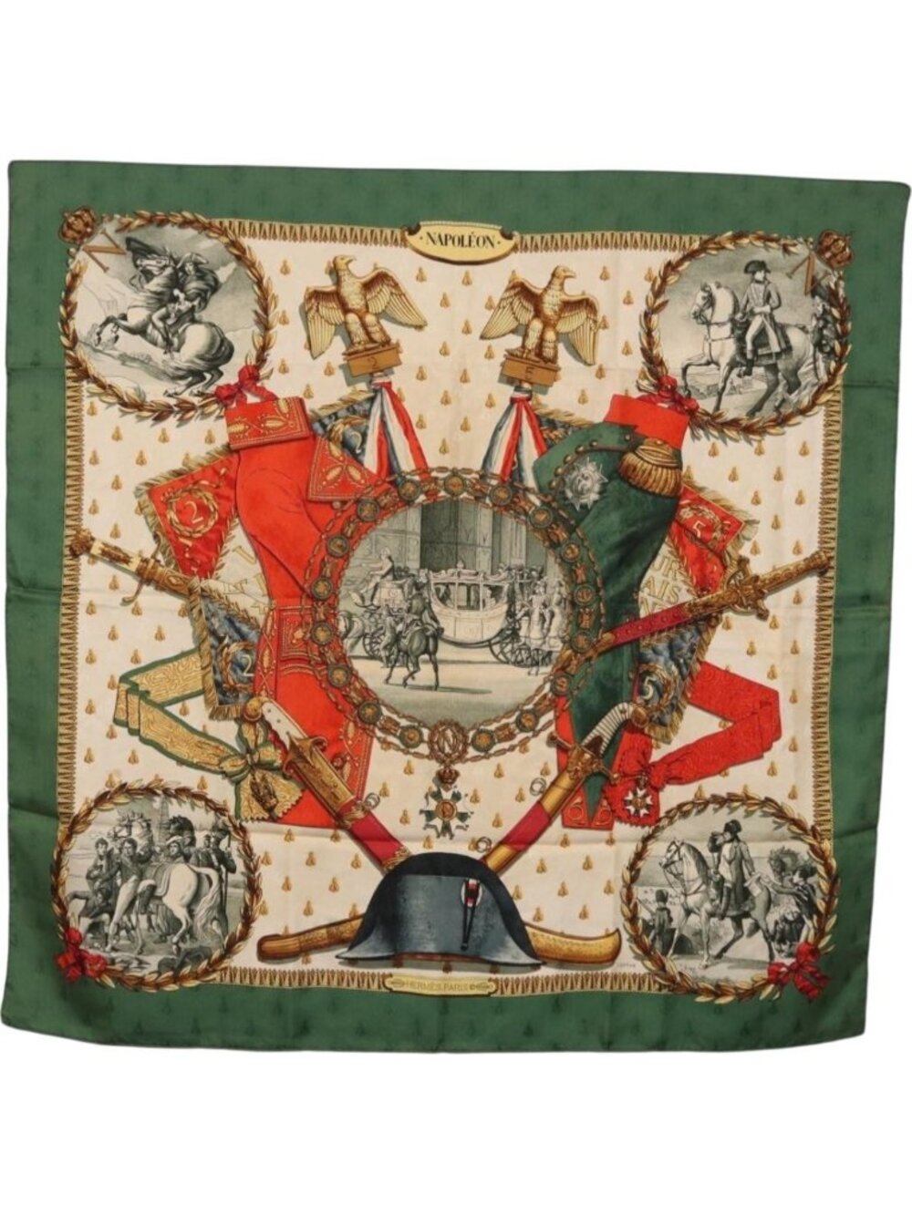 HERMES Carre 90 Scarf Silk ""NAPOLEON"" Green Beige